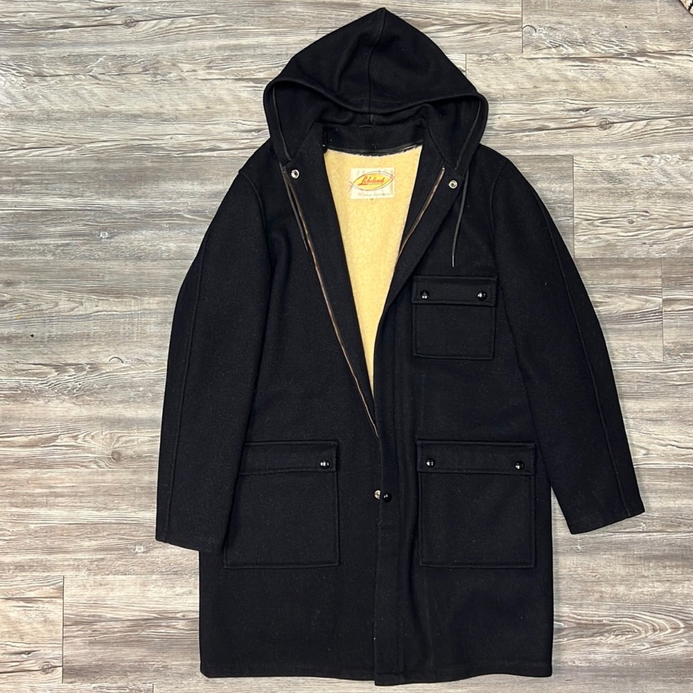 Vintage Wool Hooded Sherpa Lined Trench Coat Long Jacket Size 38 MISSING ZIPPER